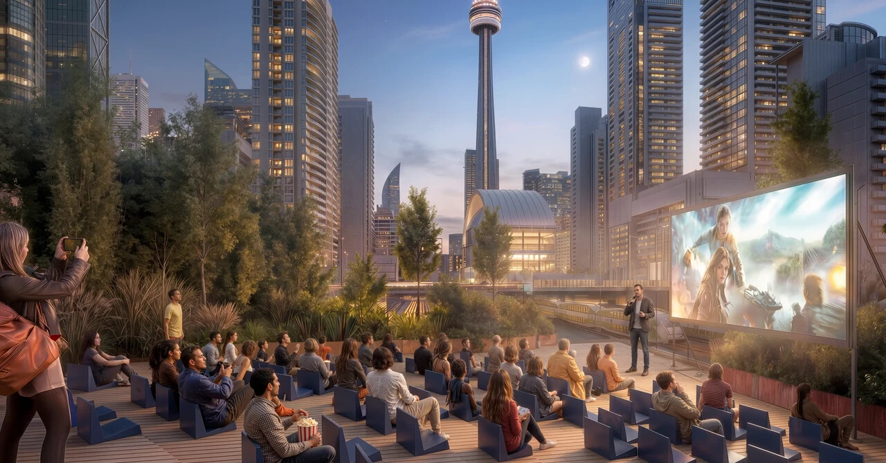 An outdoor movie theater with people watching a film on a screen, with skyscrapers and the CN Tower in the background at dusk.